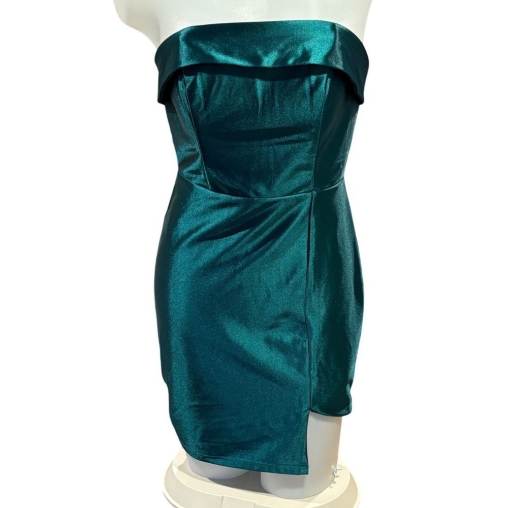 Y2K Night Out Emerald Green Satin Strapless Fold Over Bodycon Mini Dress 3/4